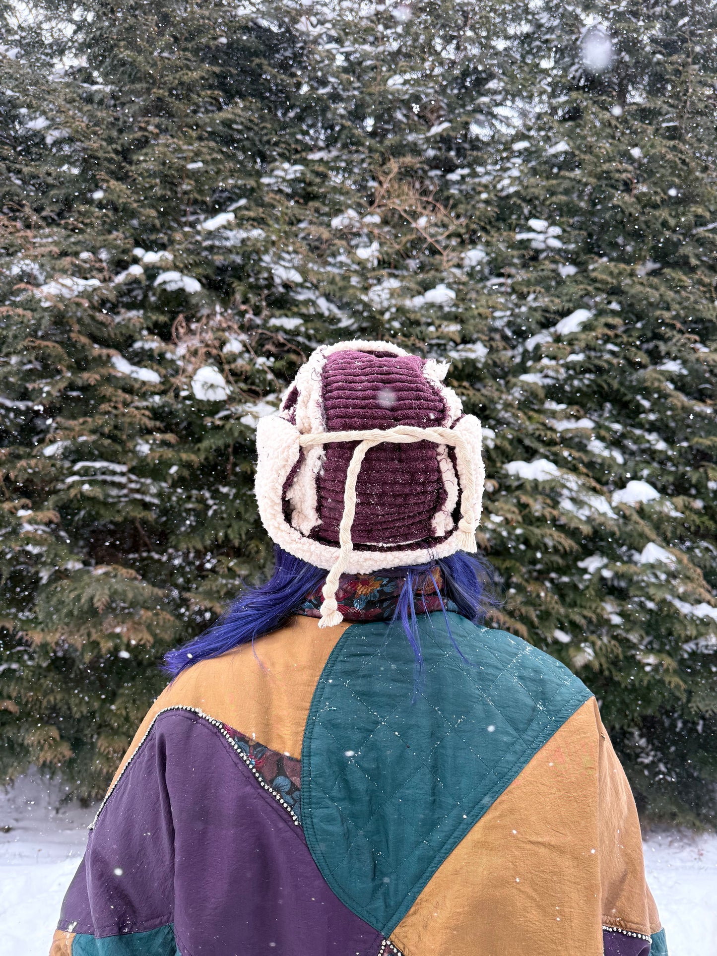 Purple corduroy ushanka with white fluffy lining