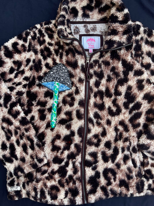 Leopard clown & mushroom fuzzy zip up jacket