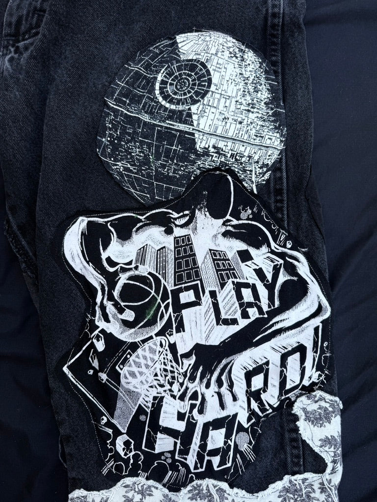 Black and white collaged denim ultra baggy pants