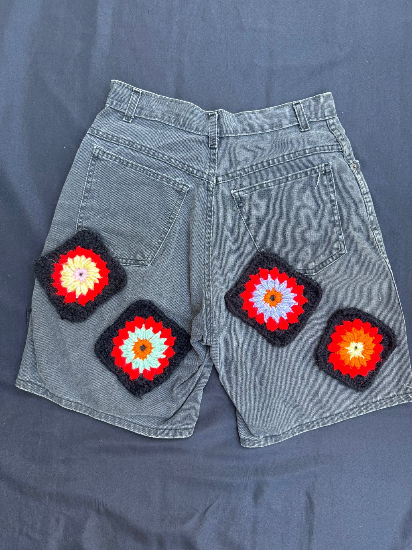 Crochet granny square black jean shorts