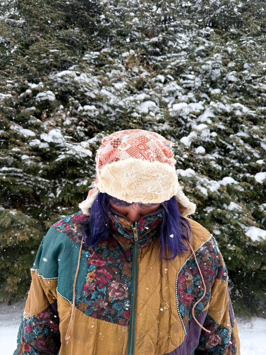 Pink square ushanka with faux fur lining
