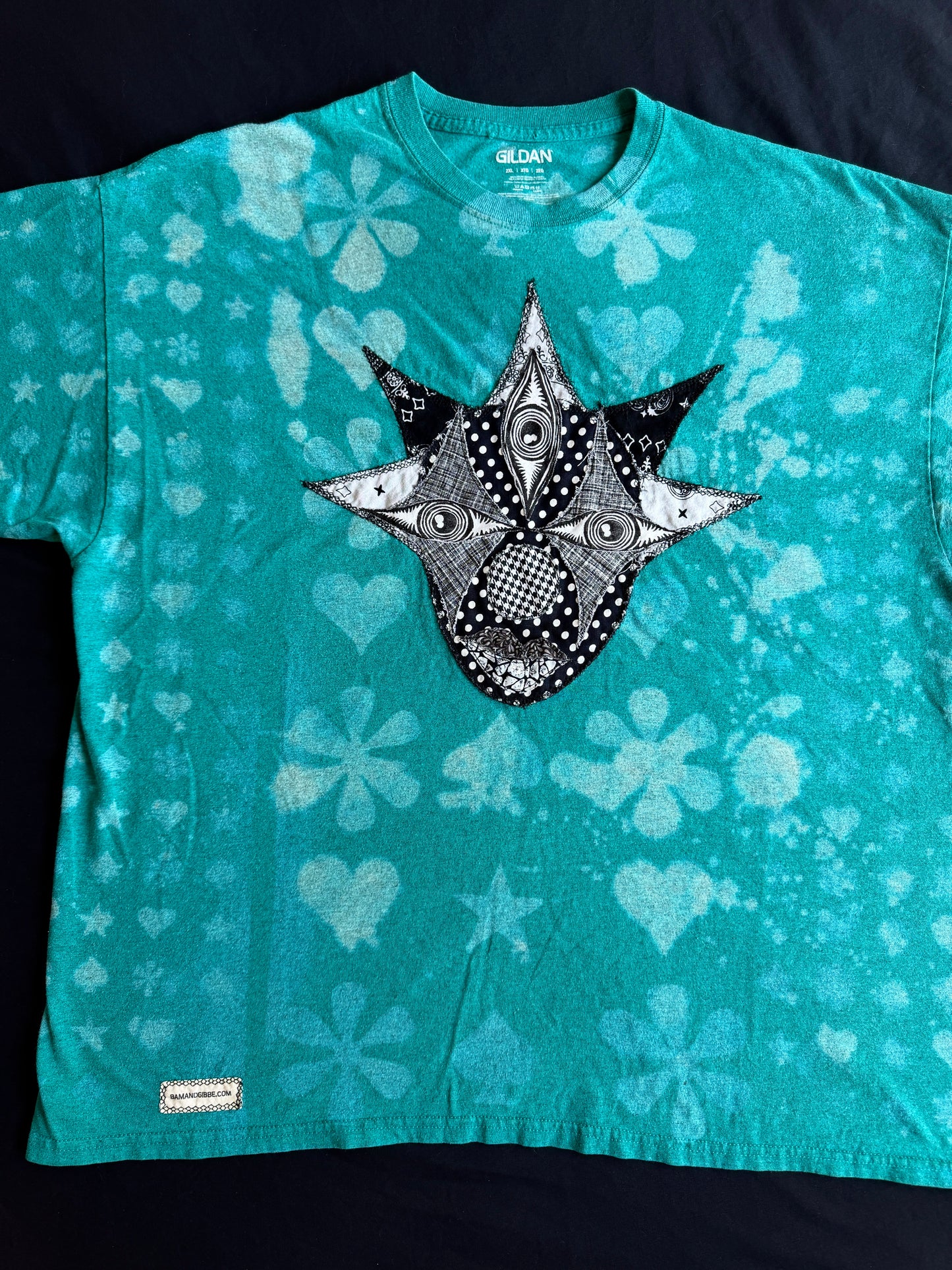 Black and white clown patch bleach dyed t-shirt