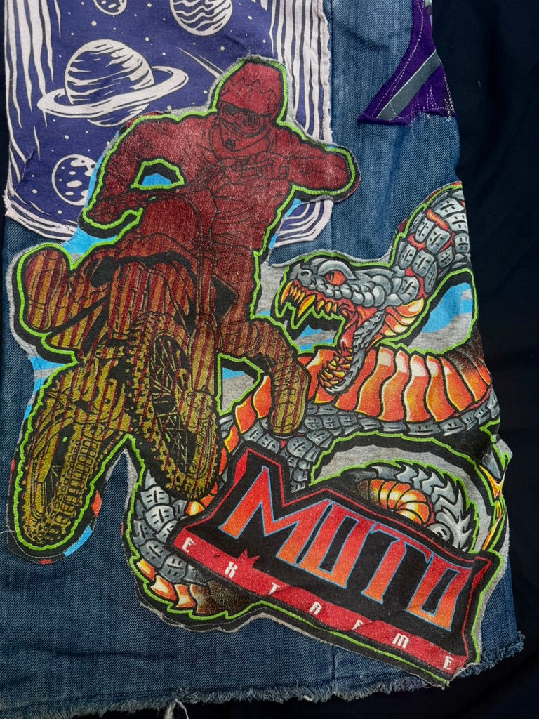 Purple collaged denim with added corduroy flair