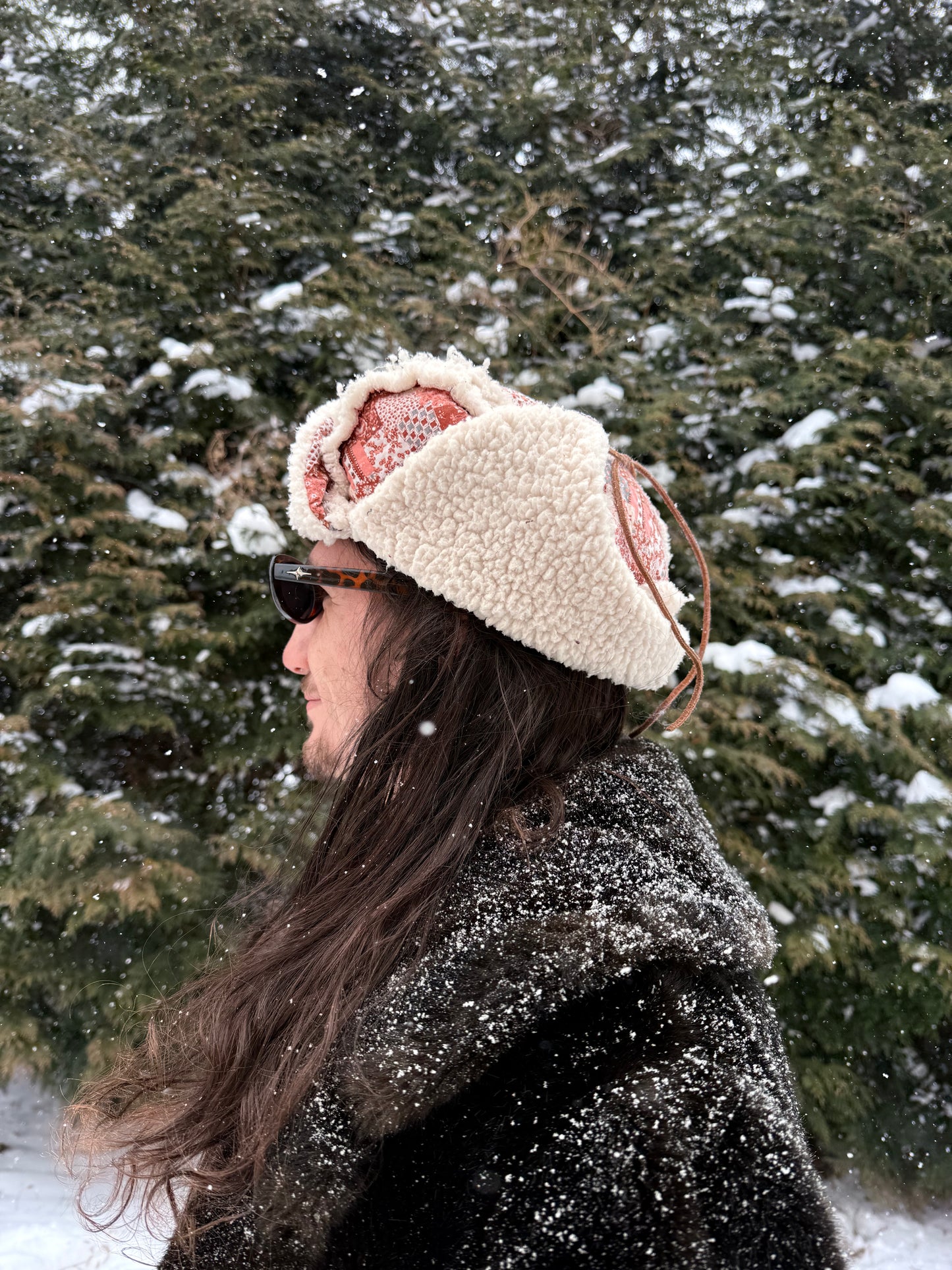 Pink square ushanka with fluffy lining