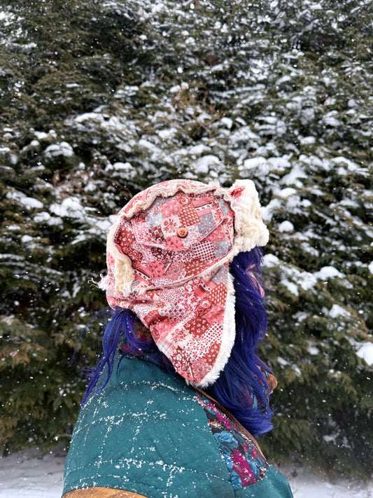 Pink square ushanka with faux fur lining