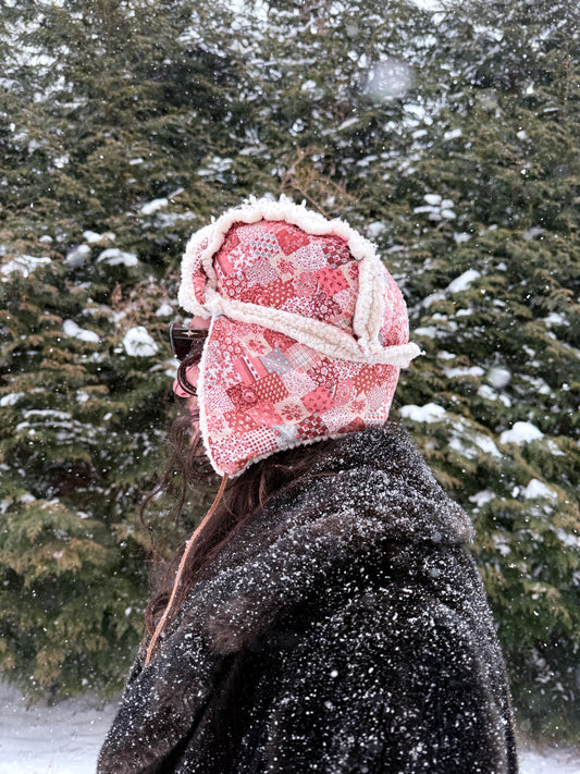 Pink square ushanka with fluffy lining