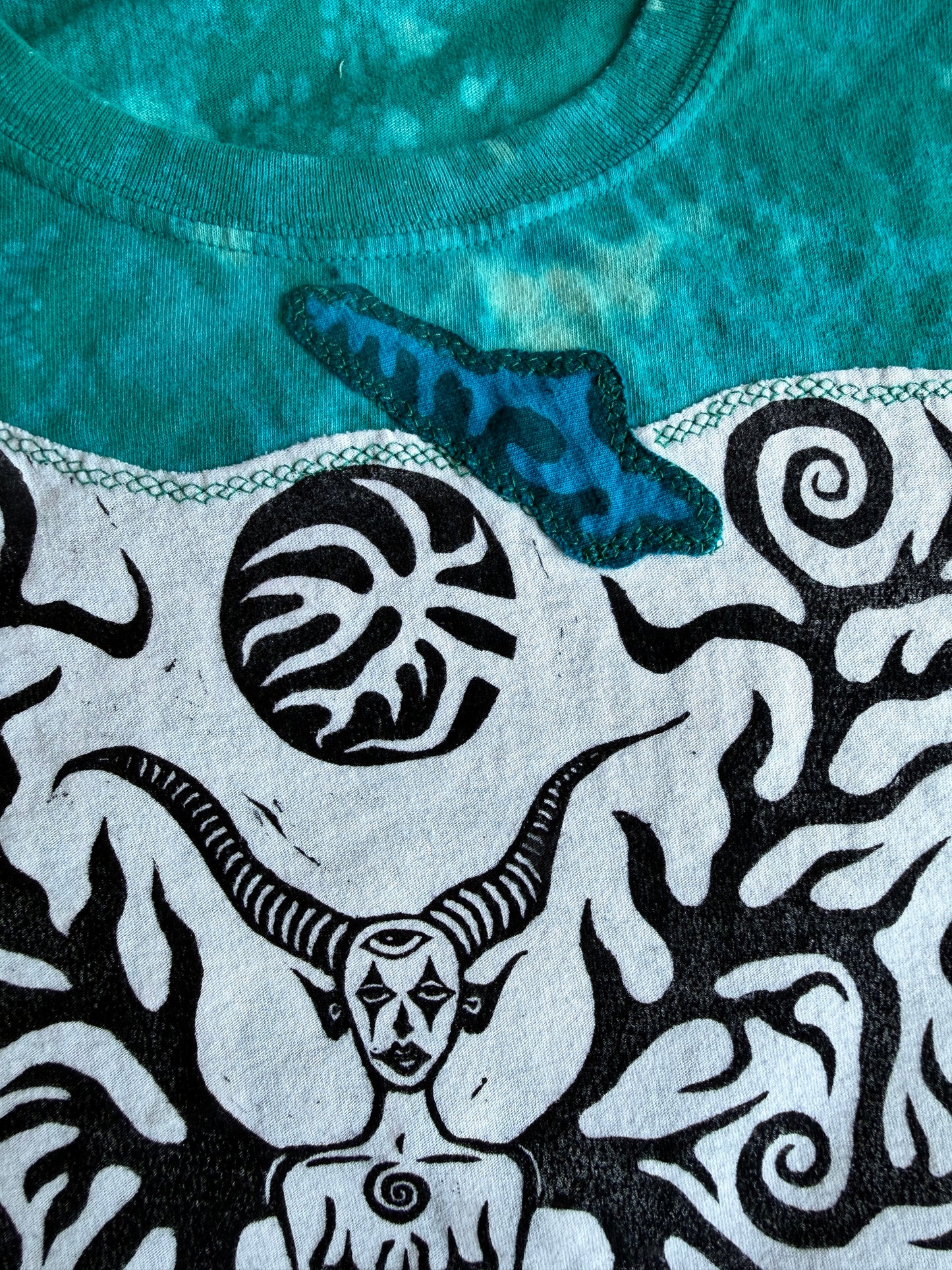 Moon goddess patch + shapes bleach dyed t-shirt