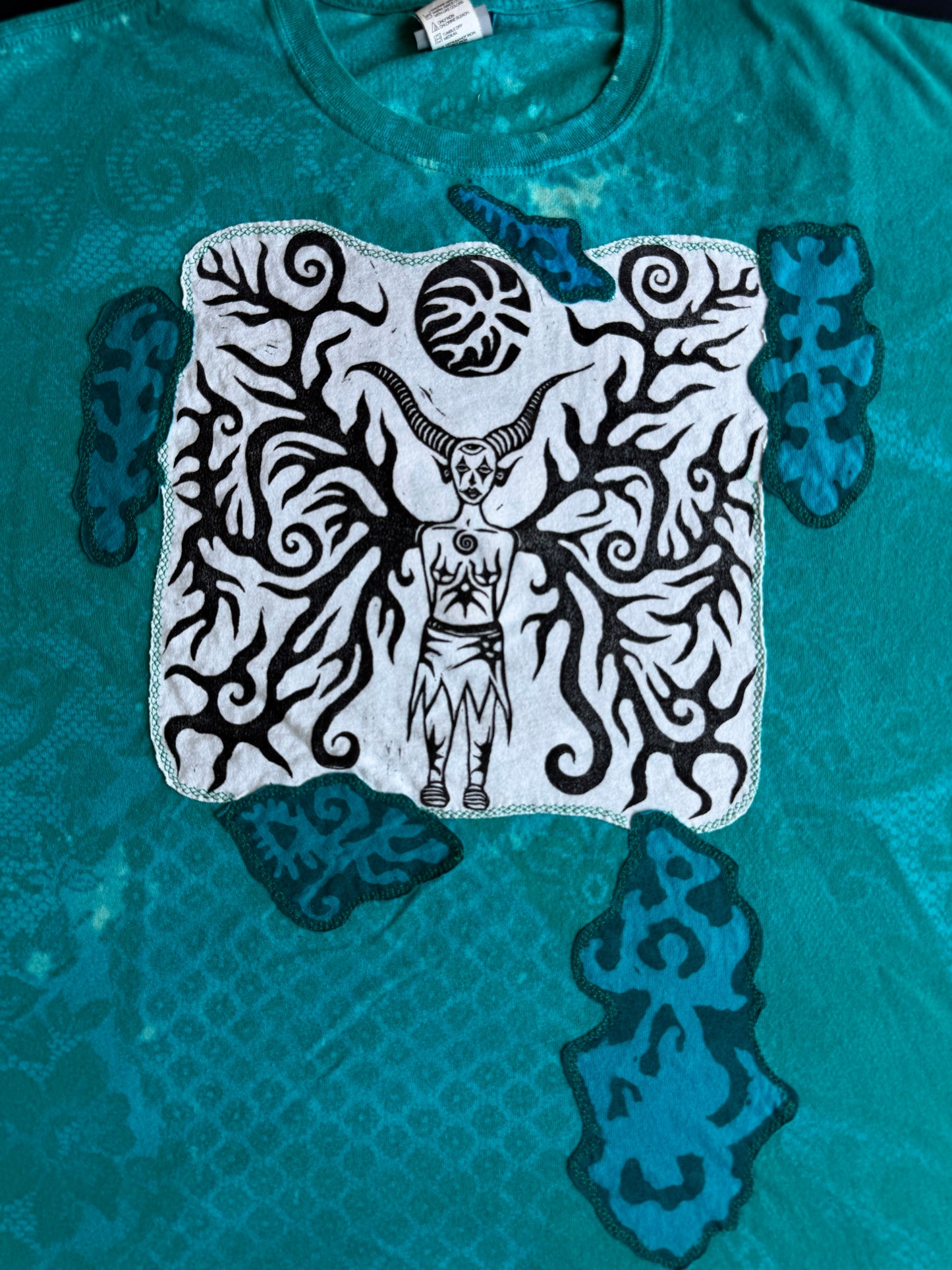 Moon goddess patch + shapes bleach dyed t-shirt