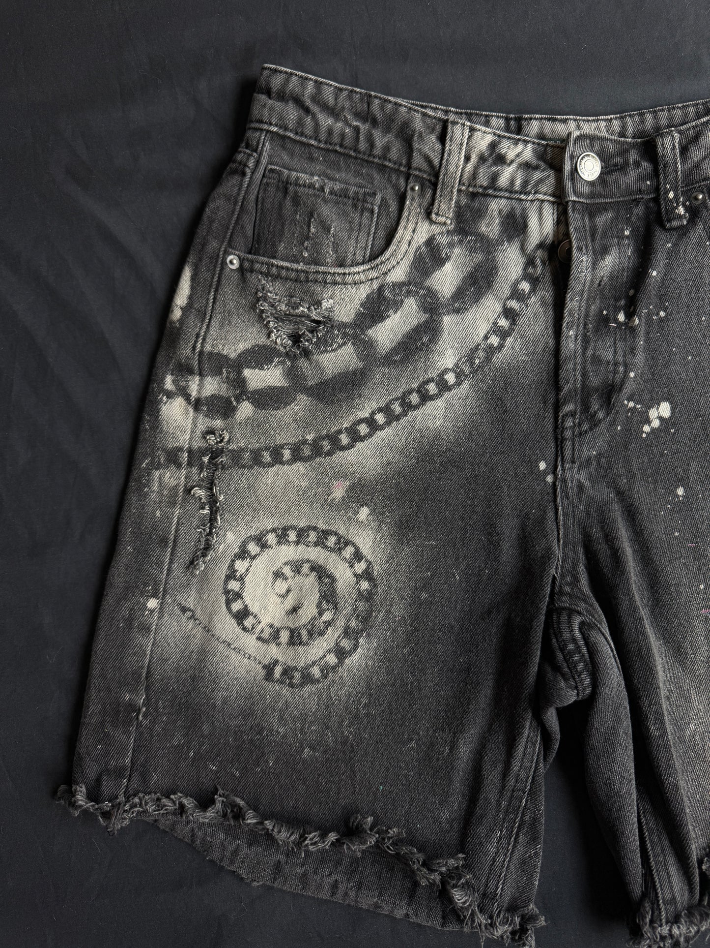 Chain bleach dyed black jean shorts