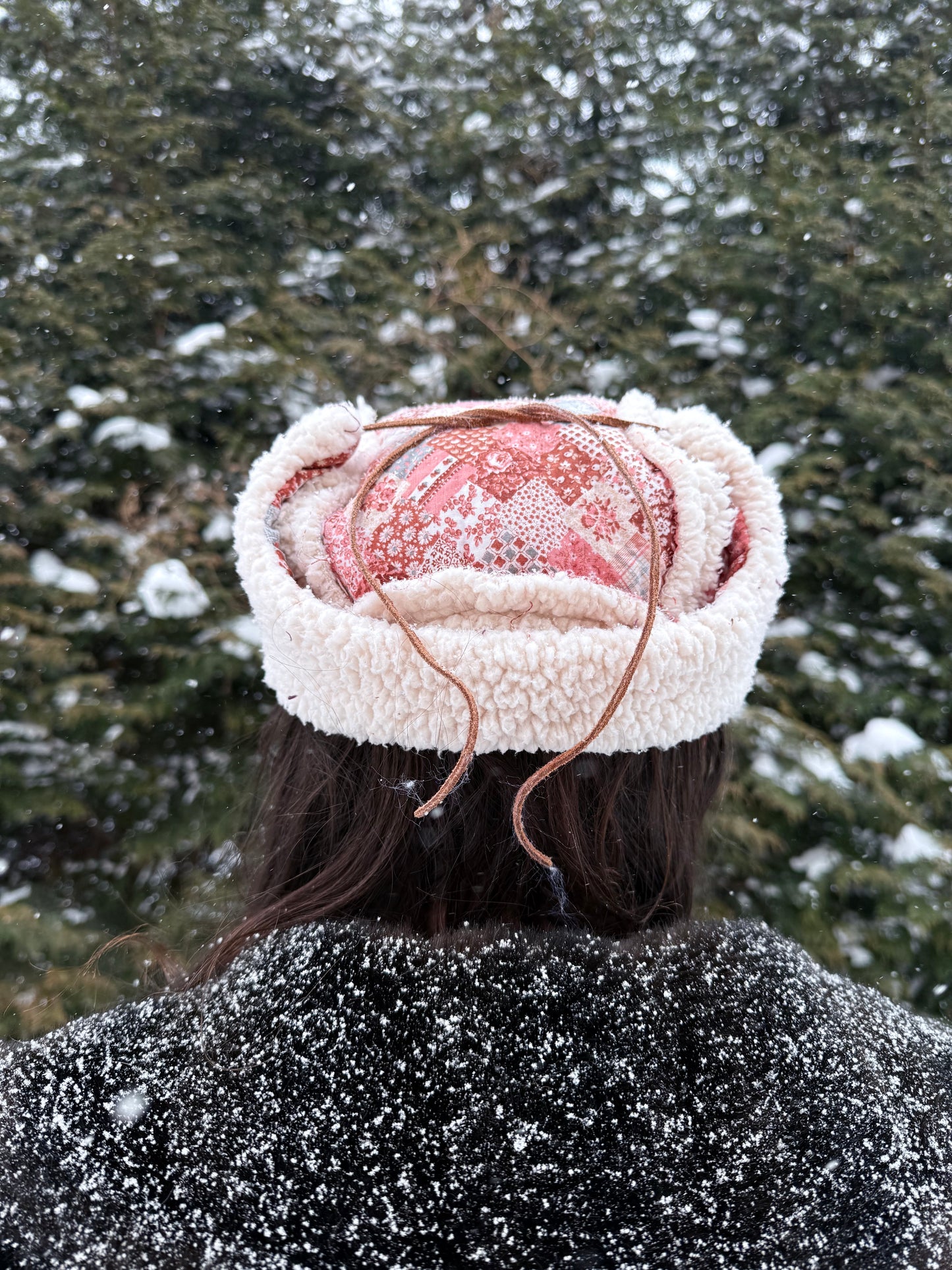 Pink square ushanka with fluffy lining