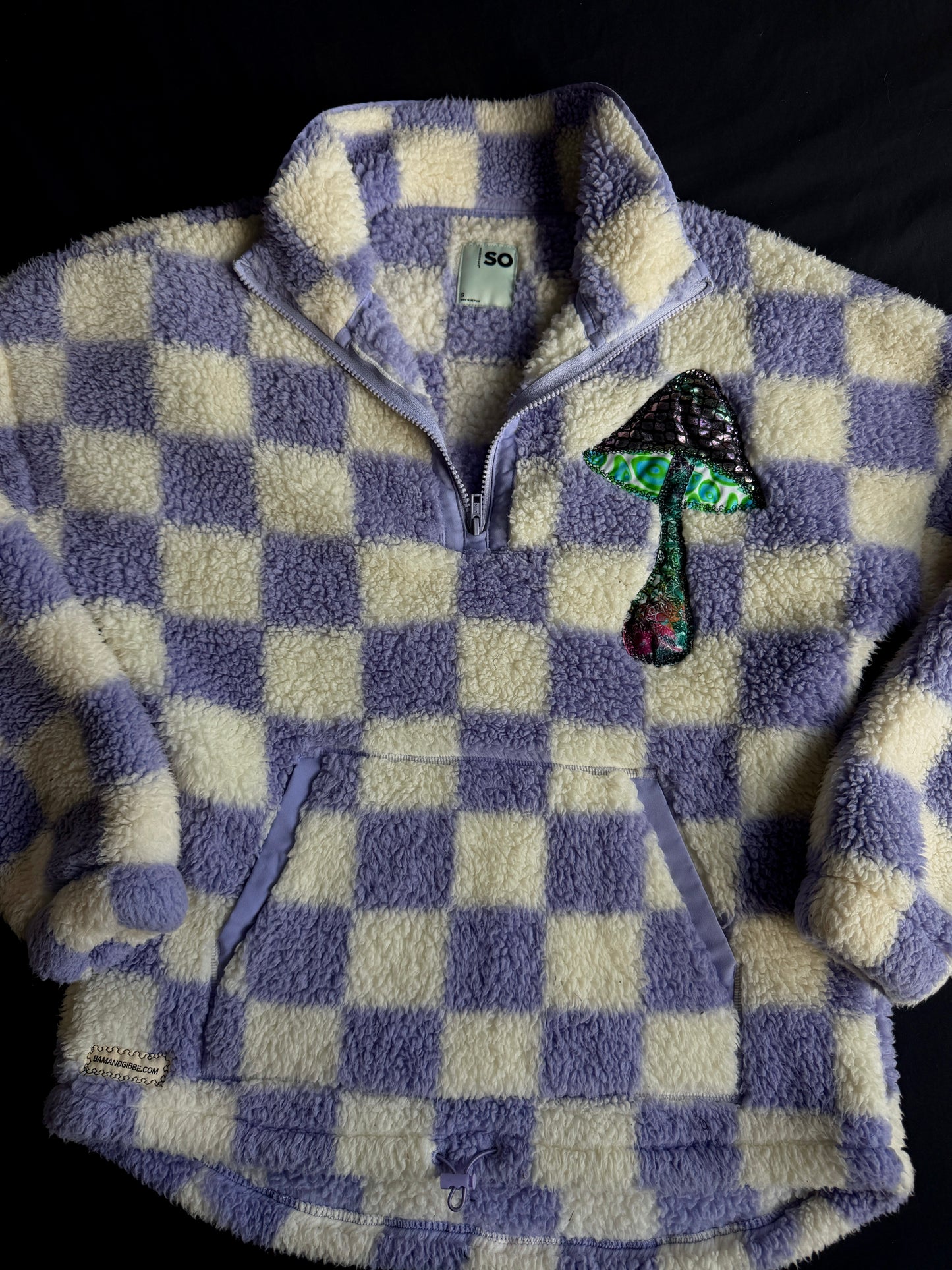 Checkered clown & mushroom fuzzy quarter zip jacket
