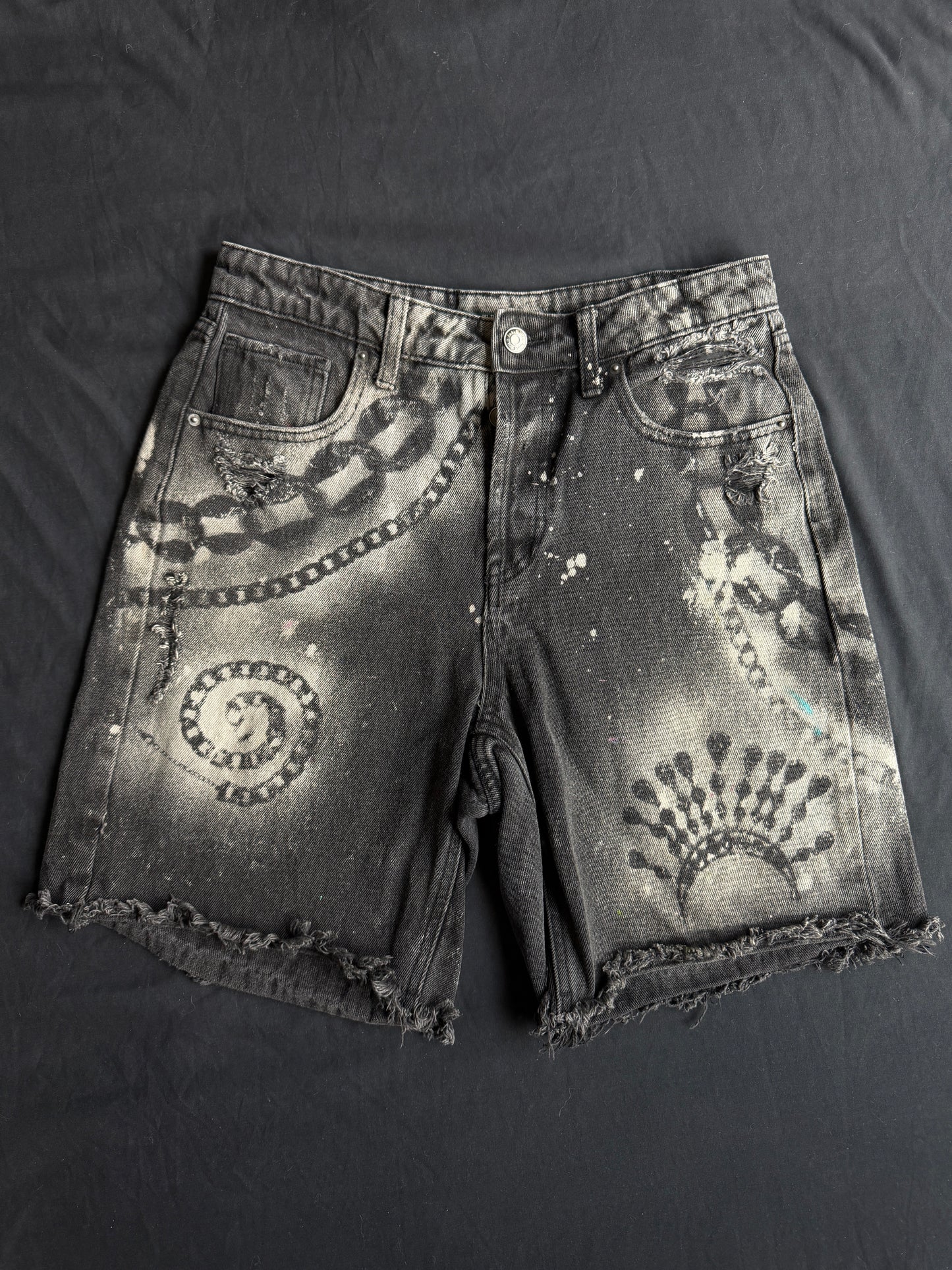 Chain bleach dyed black jean shorts