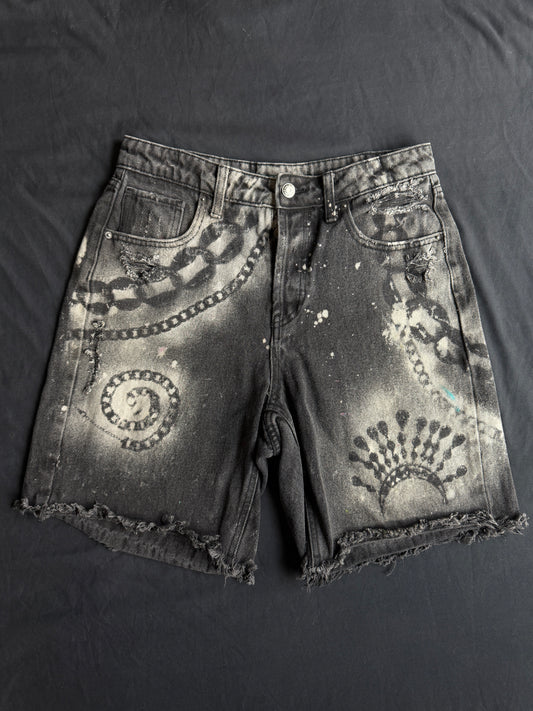Chain bleach dyed black jean shorts