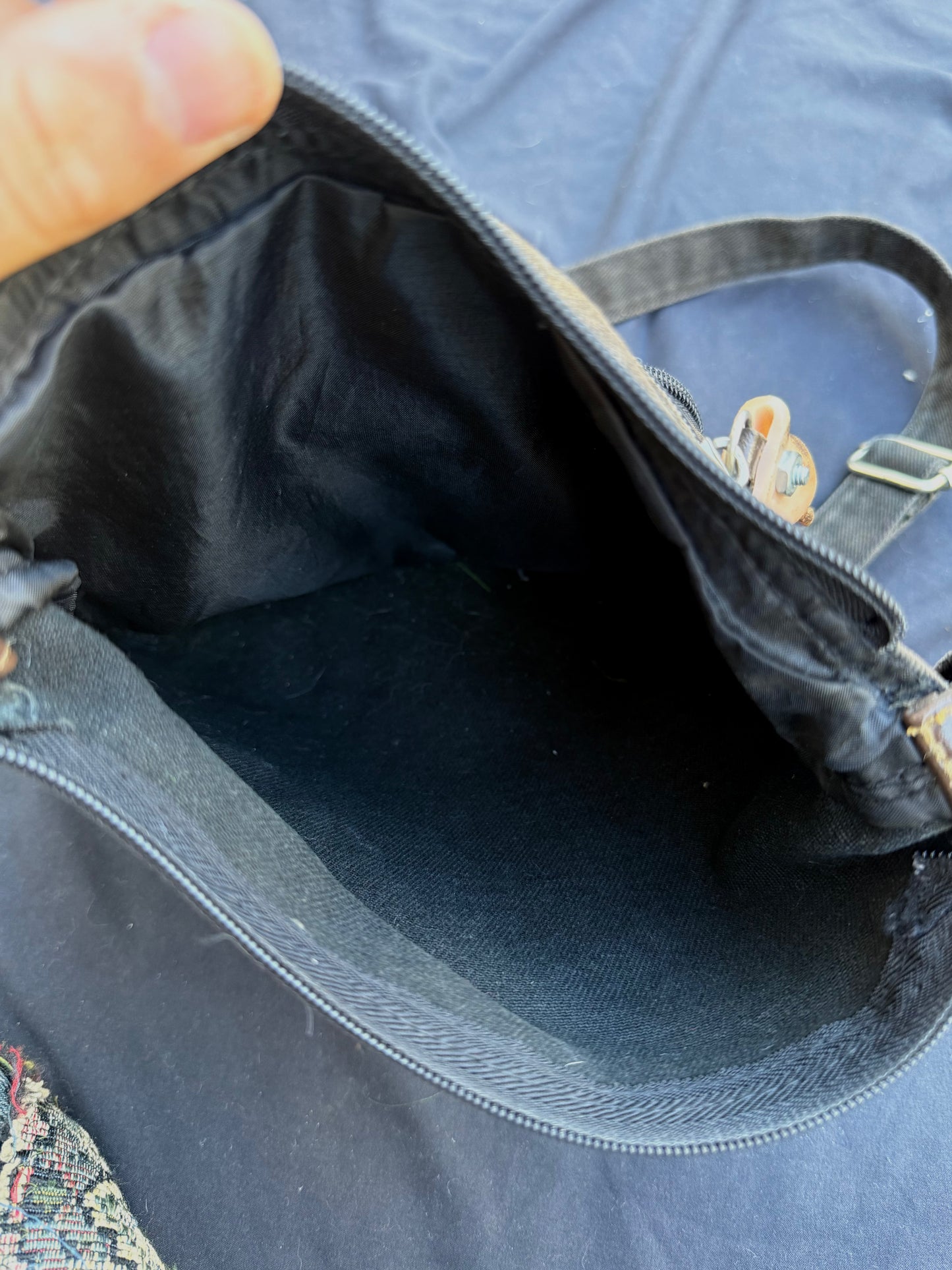 Black denim baby bag
