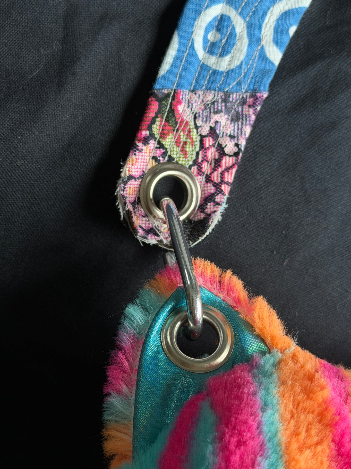 Colorful cat + dino hybrid side bag