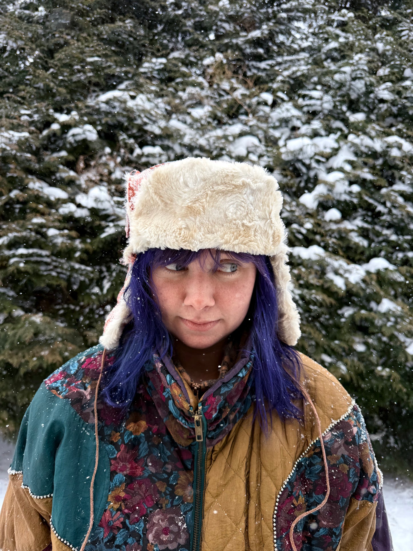 Pink square ushanka with faux fur lining