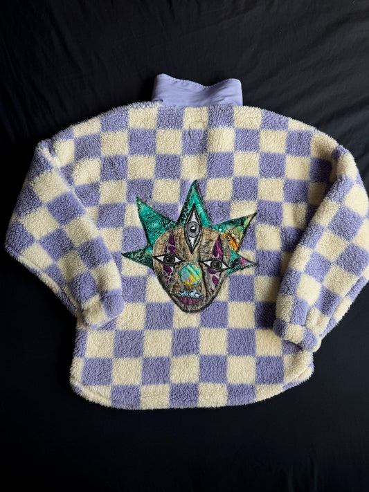 Checkered clown & mushroom fuzzy quarter zip jacket
