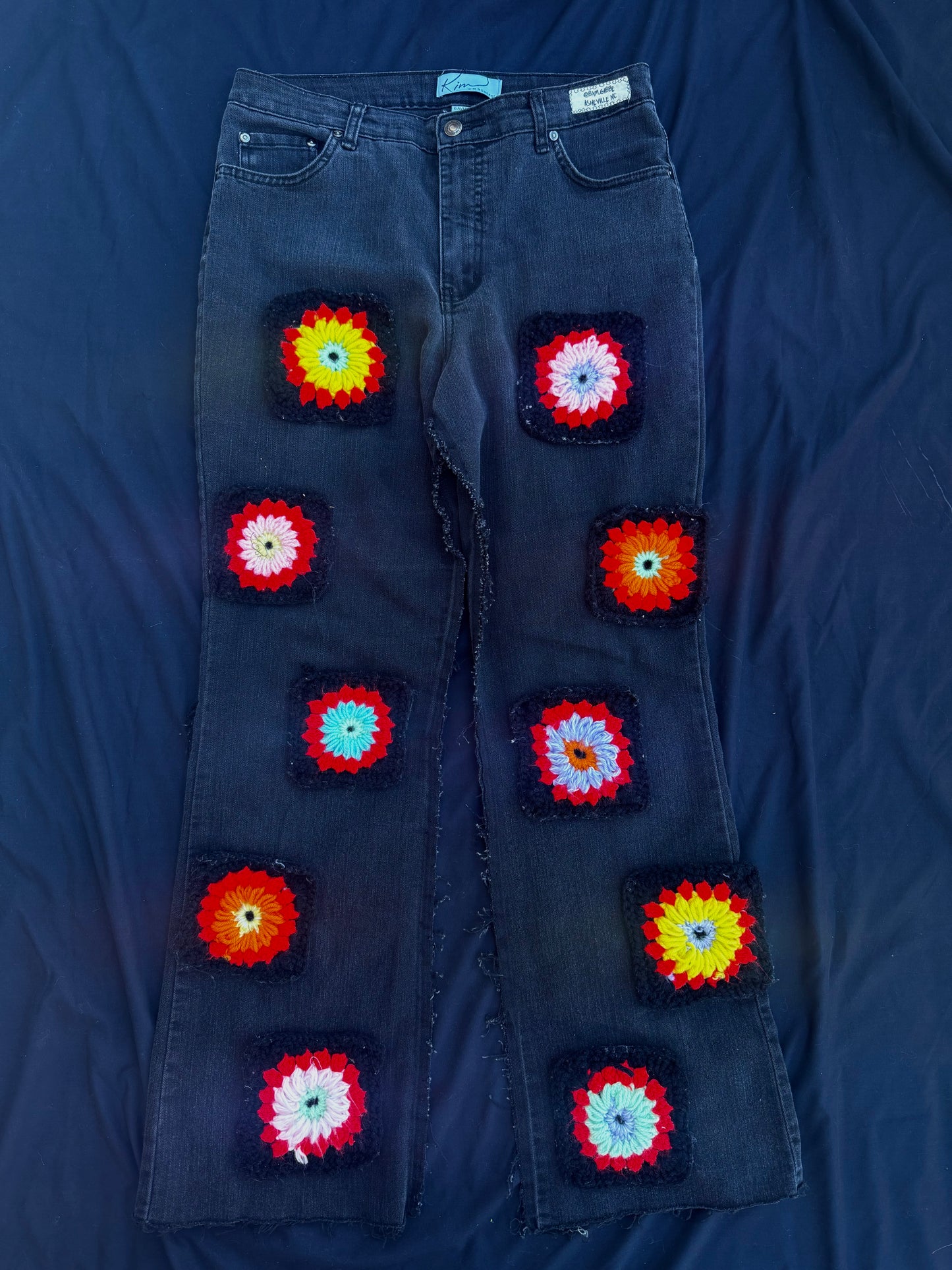 Black flower granny square pants