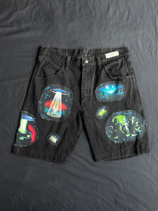 Alien + UFO black jean shorts
