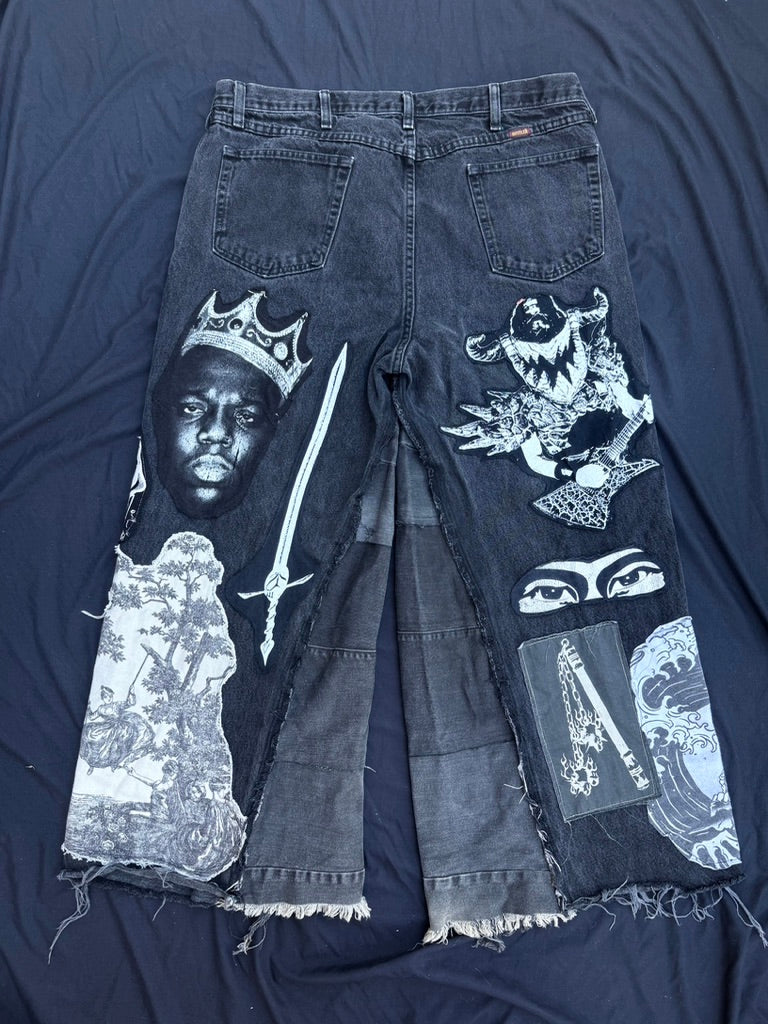 Black and white collaged denim ultra baggy pants
