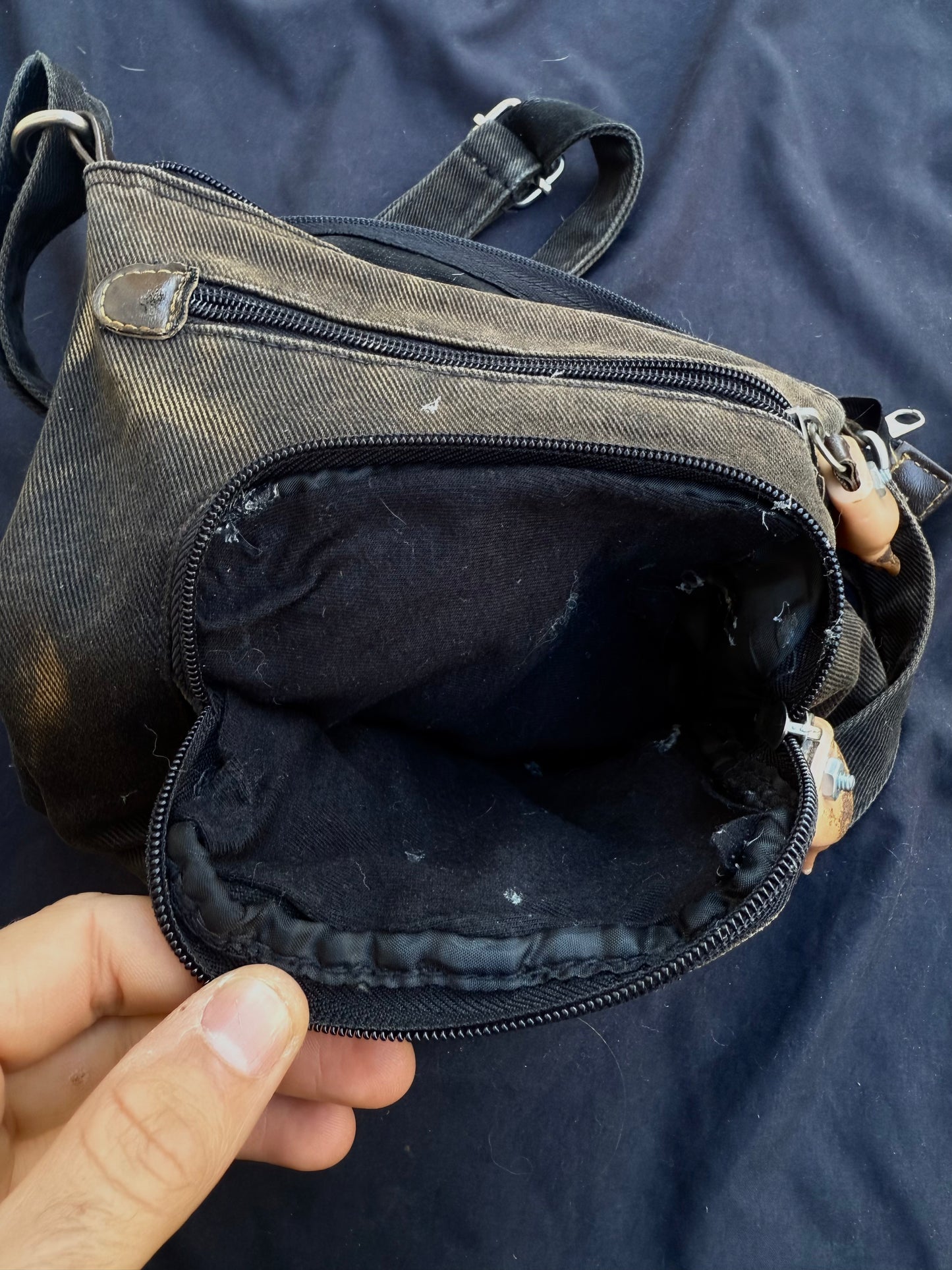 Black denim baby bag