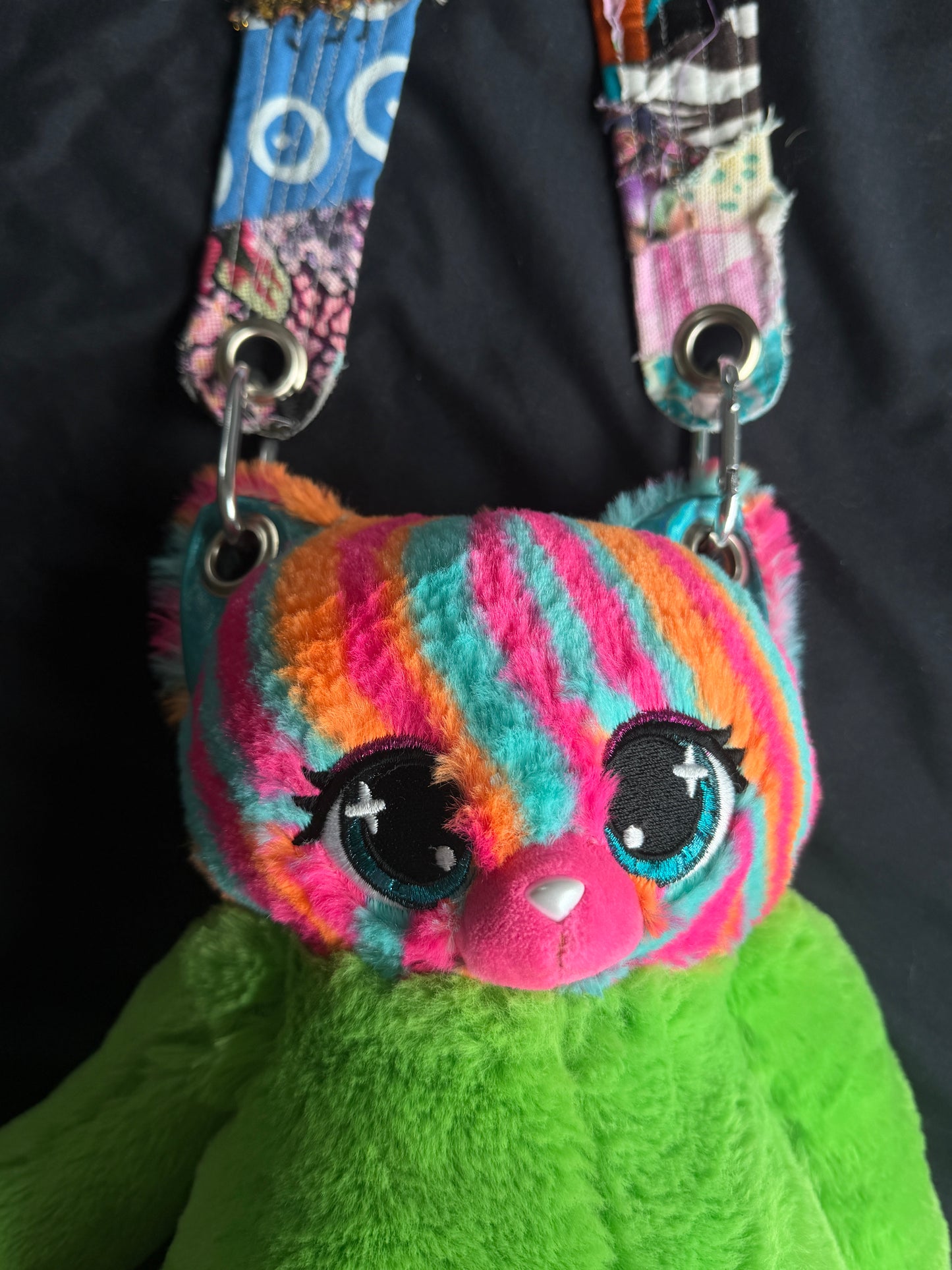 Colorful cat + dino hybrid side bag