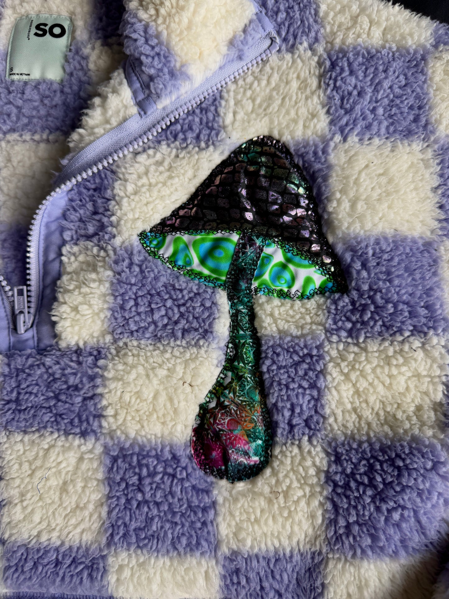 Checkered clown & mushroom fuzzy quarter zip jacket