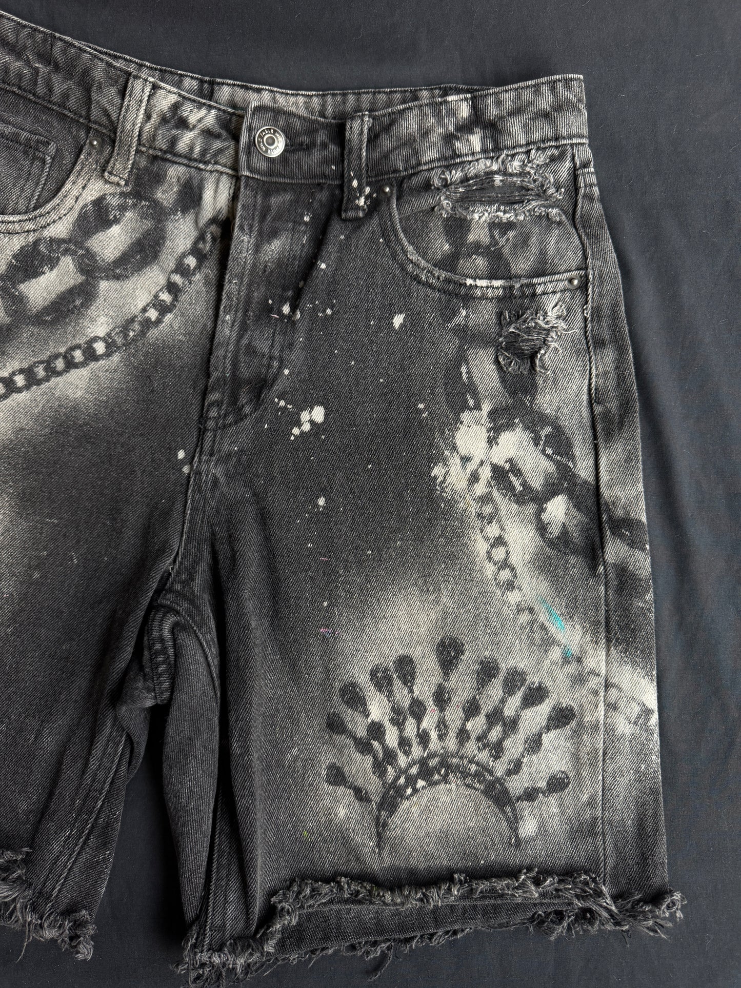 Chain bleach dyed black jean shorts