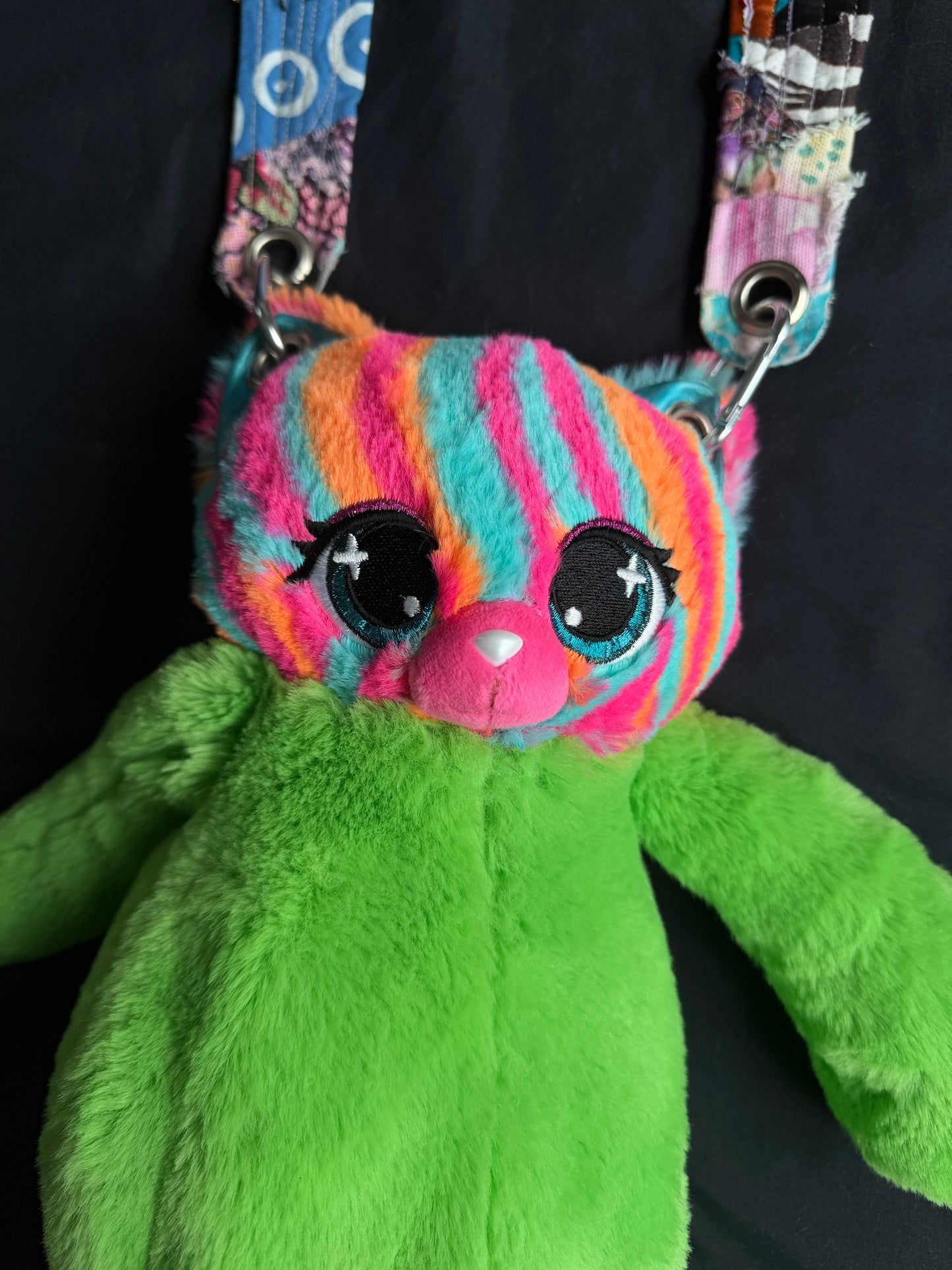 Colorful cat + dino hybrid side bag