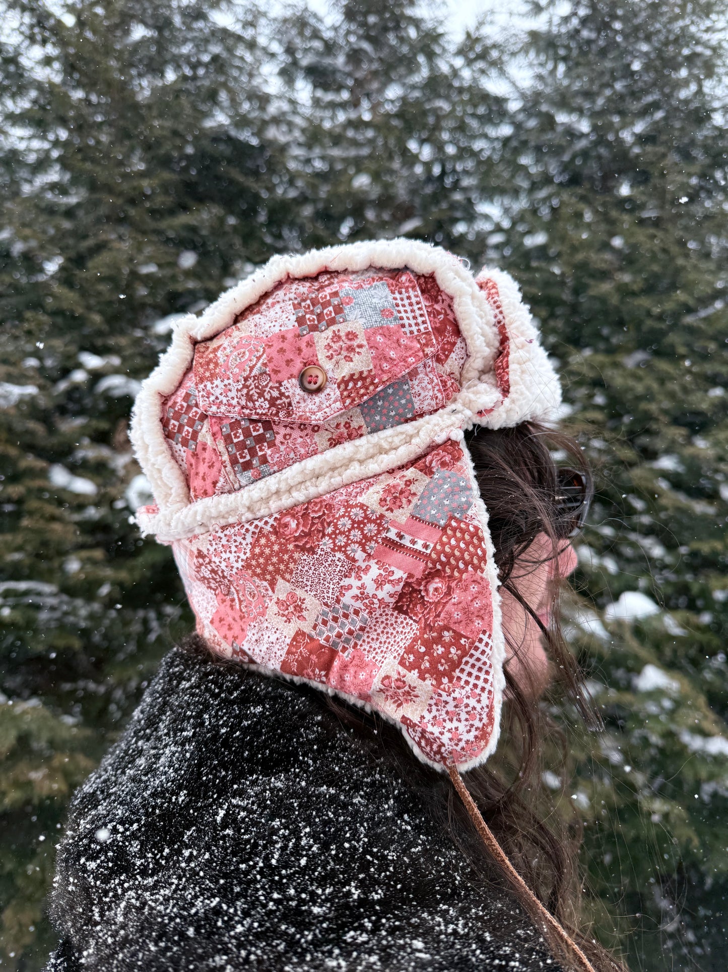 Pink square ushanka with fluffy lining