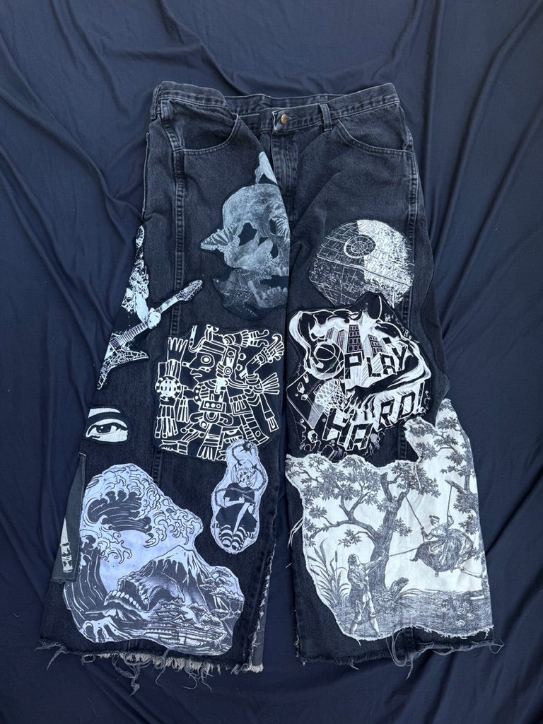 Black and white collaged denim ultra baggy pants