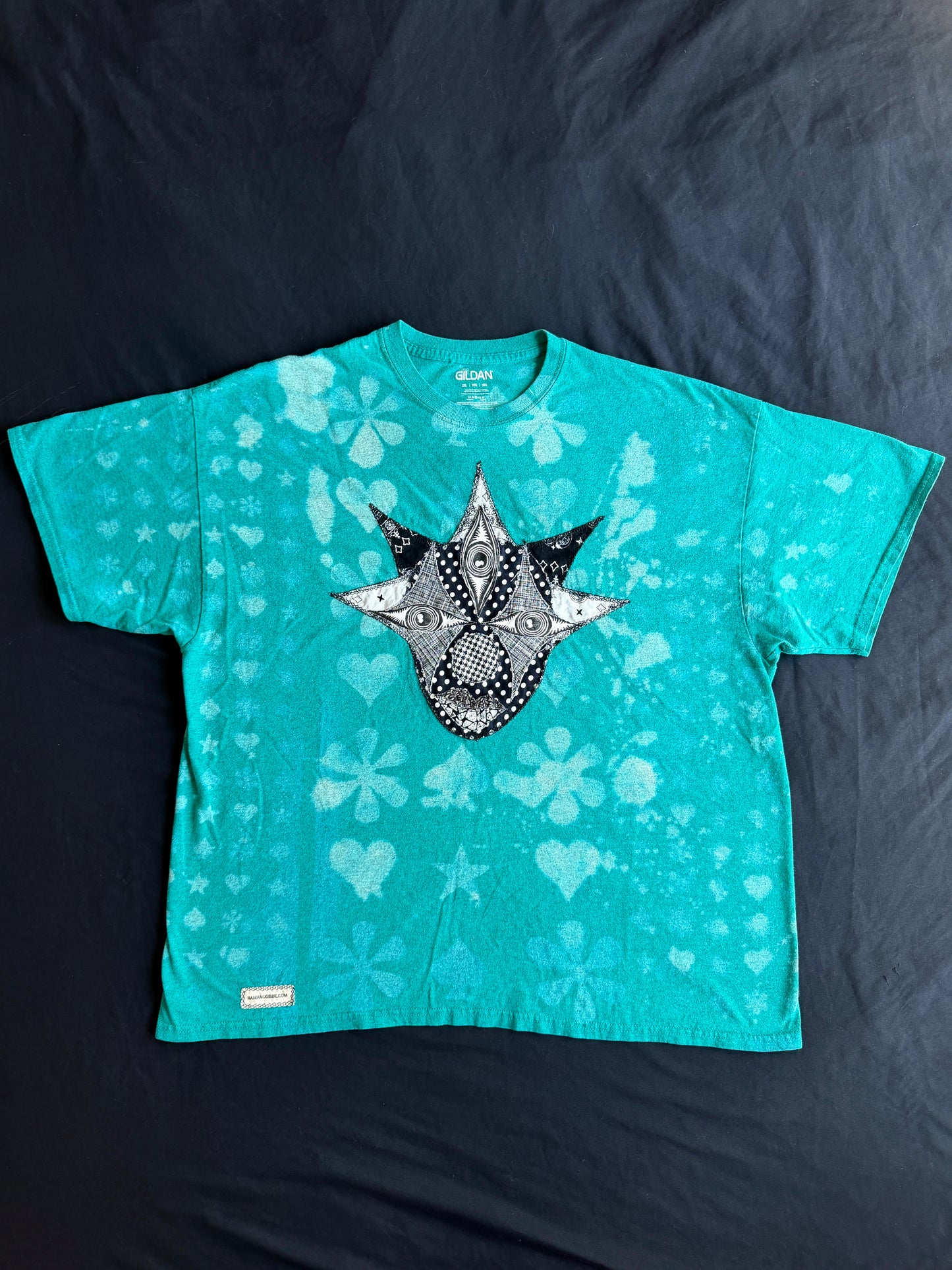 Black and white clown patch bleach dyed t-shirt