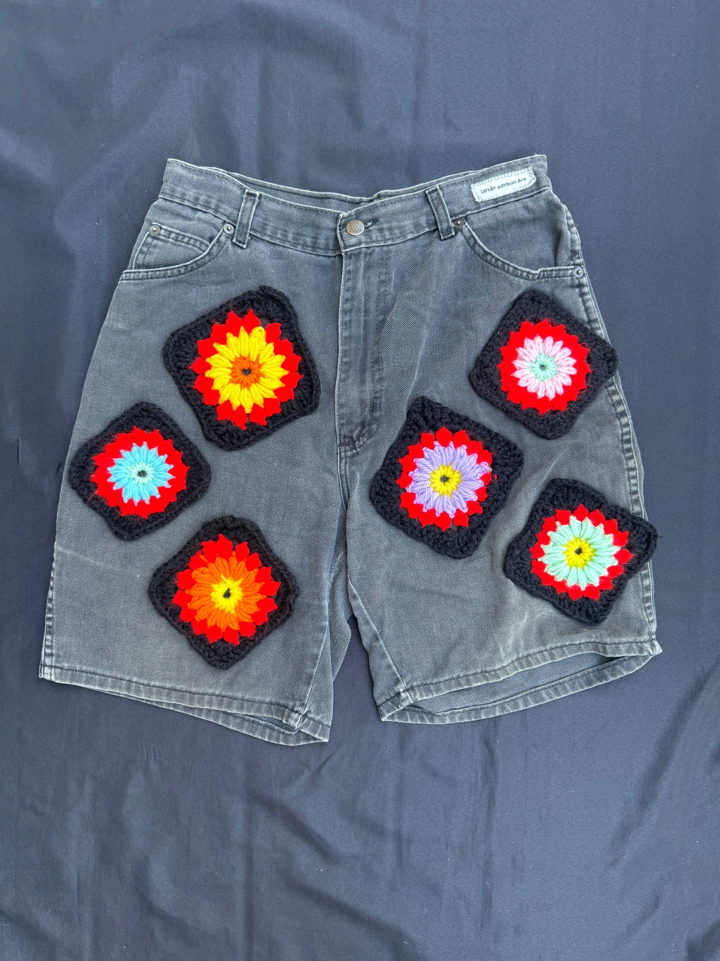 Crochet granny square black jean shorts