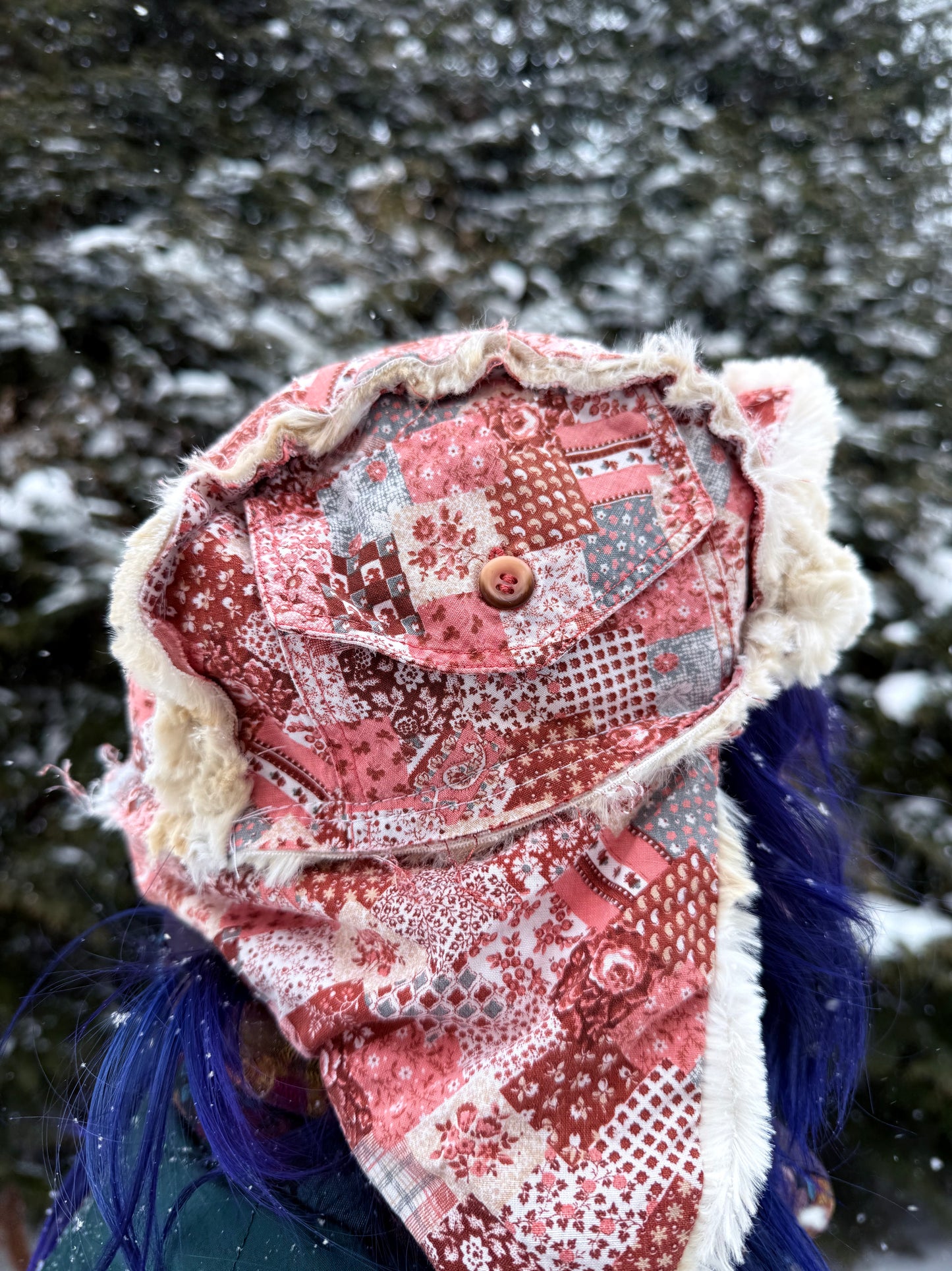 Pink square ushanka with faux fur lining