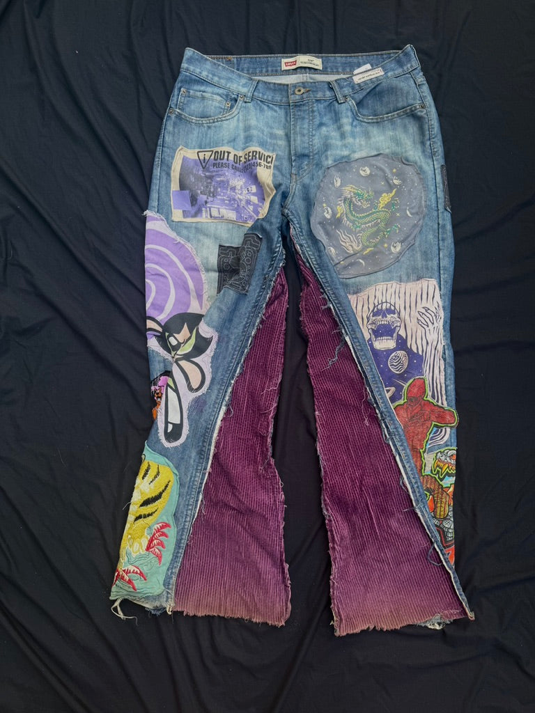 Purple collaged denim with added corduroy flair