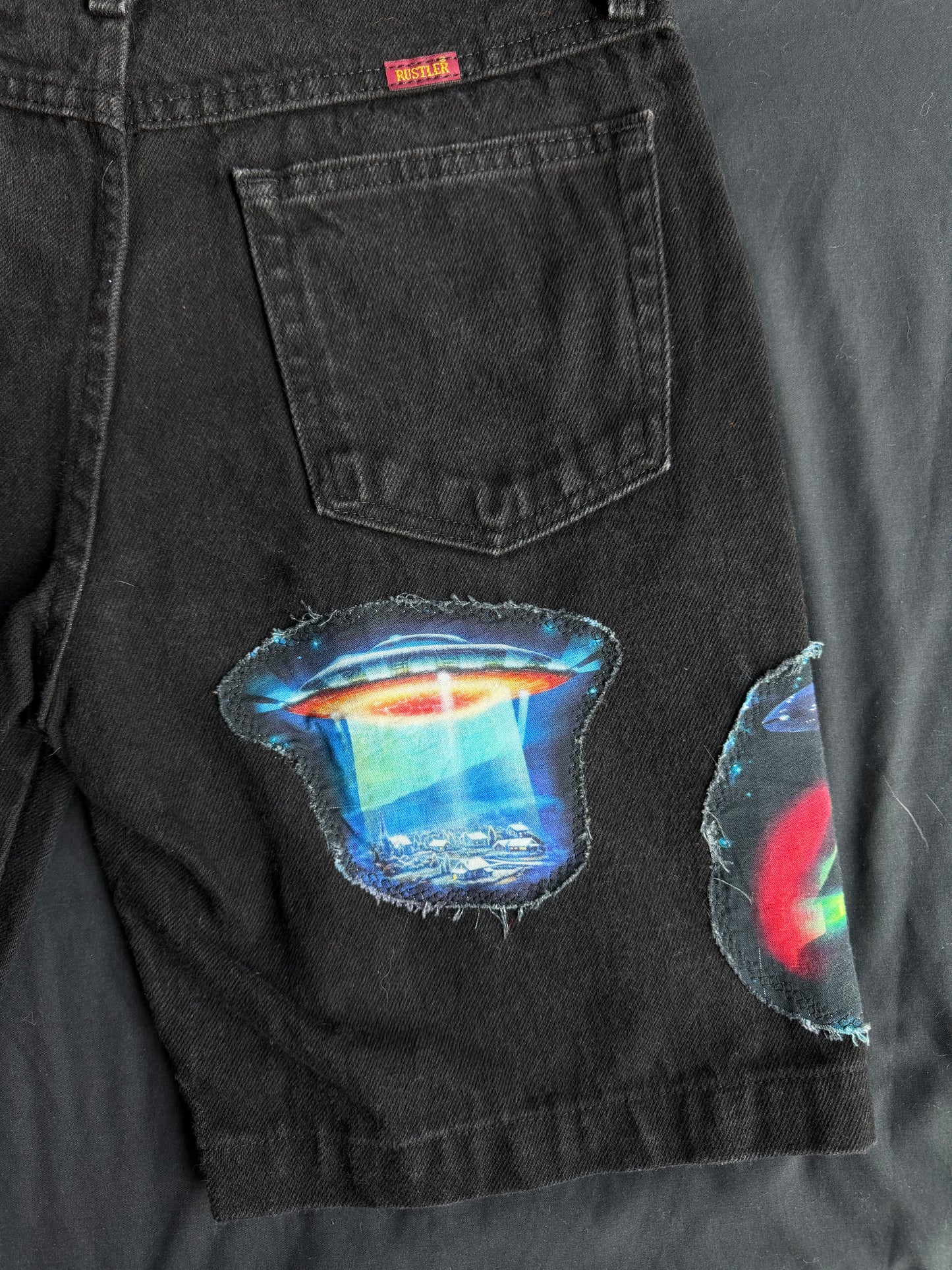 Alien + UFO black jean shorts