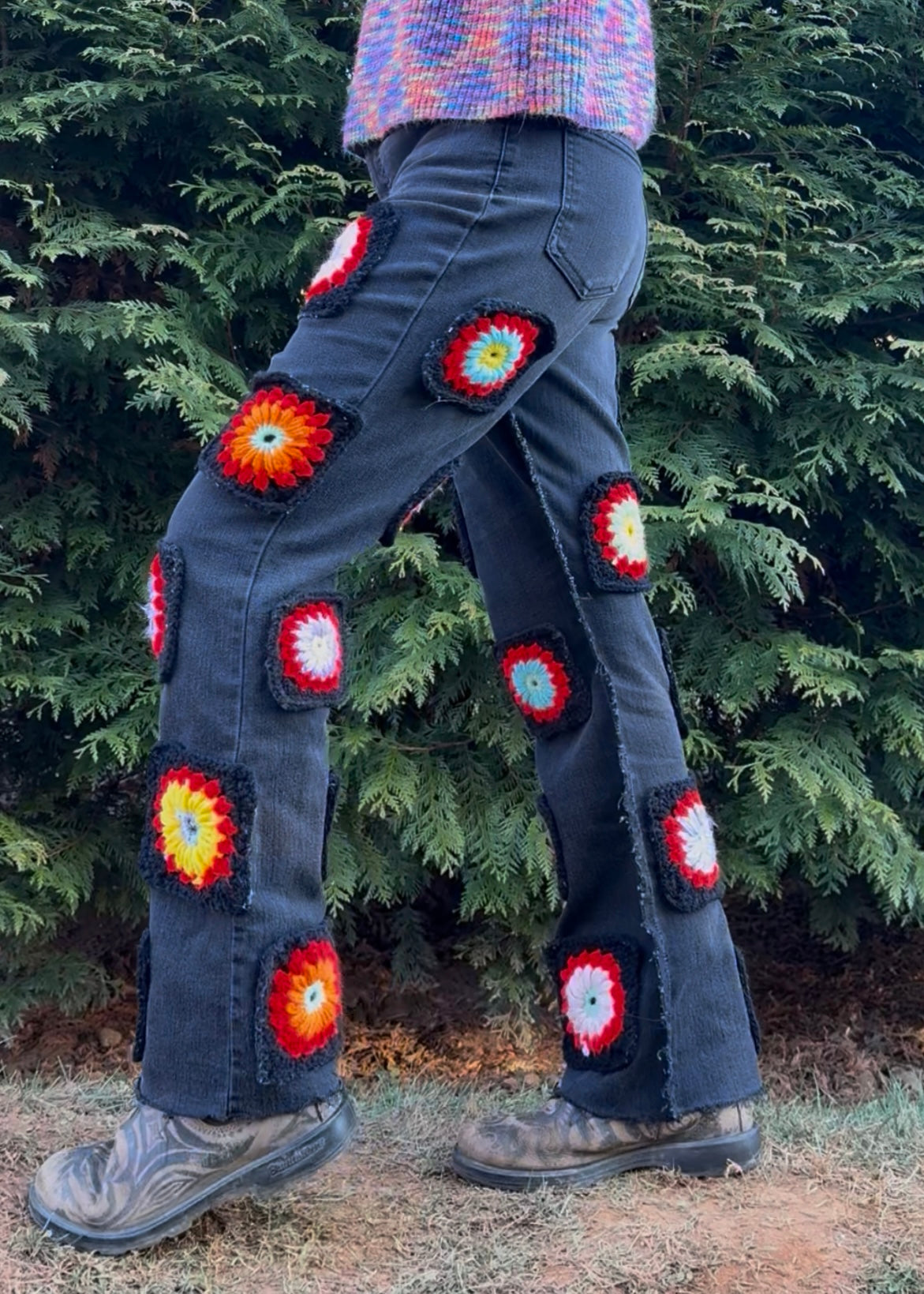 Black flower granny square pants