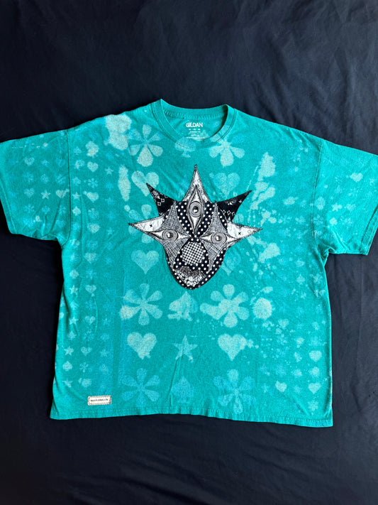 Black and white clown patch bleach dyed t-shirt