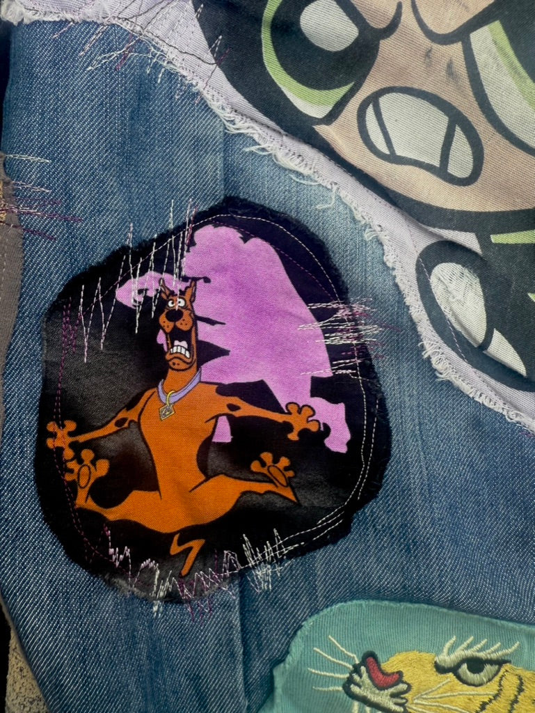 Purple collaged denim with added corduroy flair