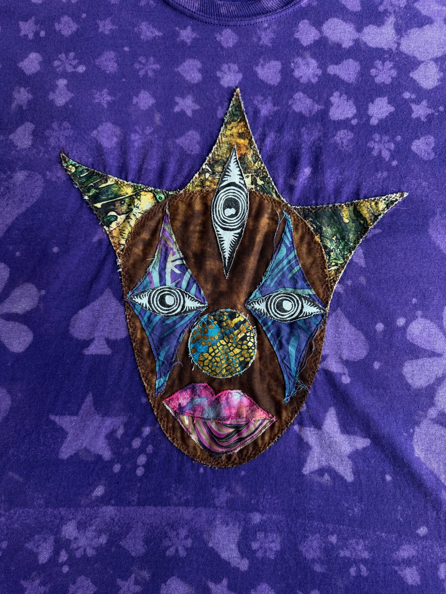 Purple clown patch bleach dyed t-shirt