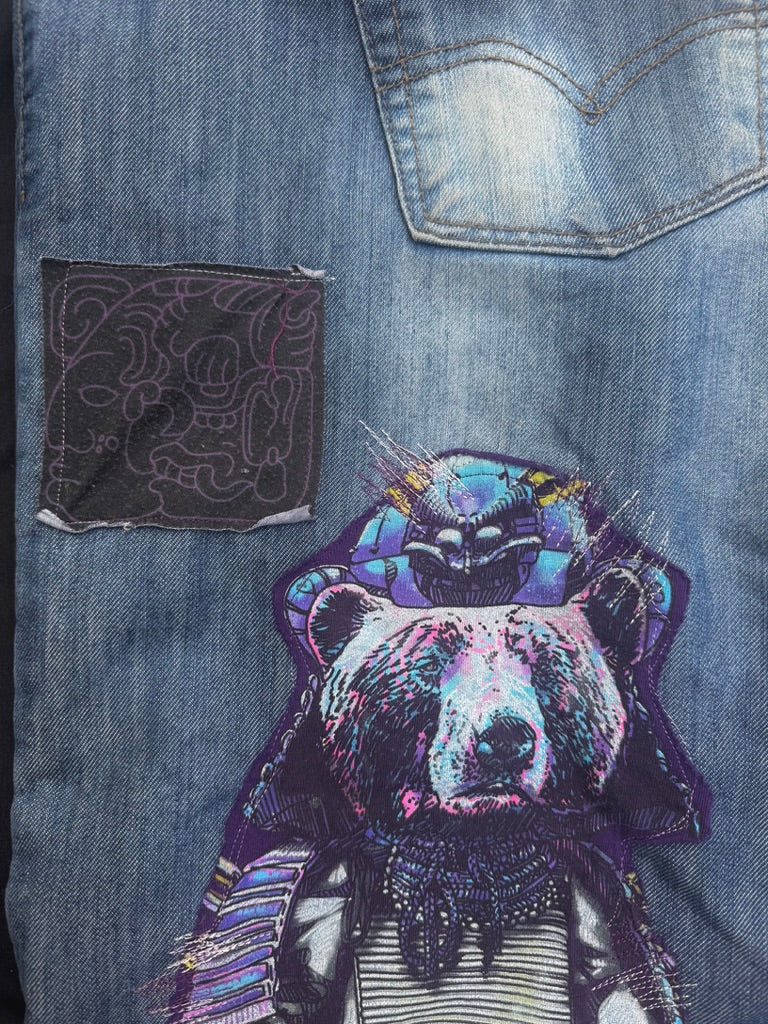 Purple collaged denim with added corduroy flair