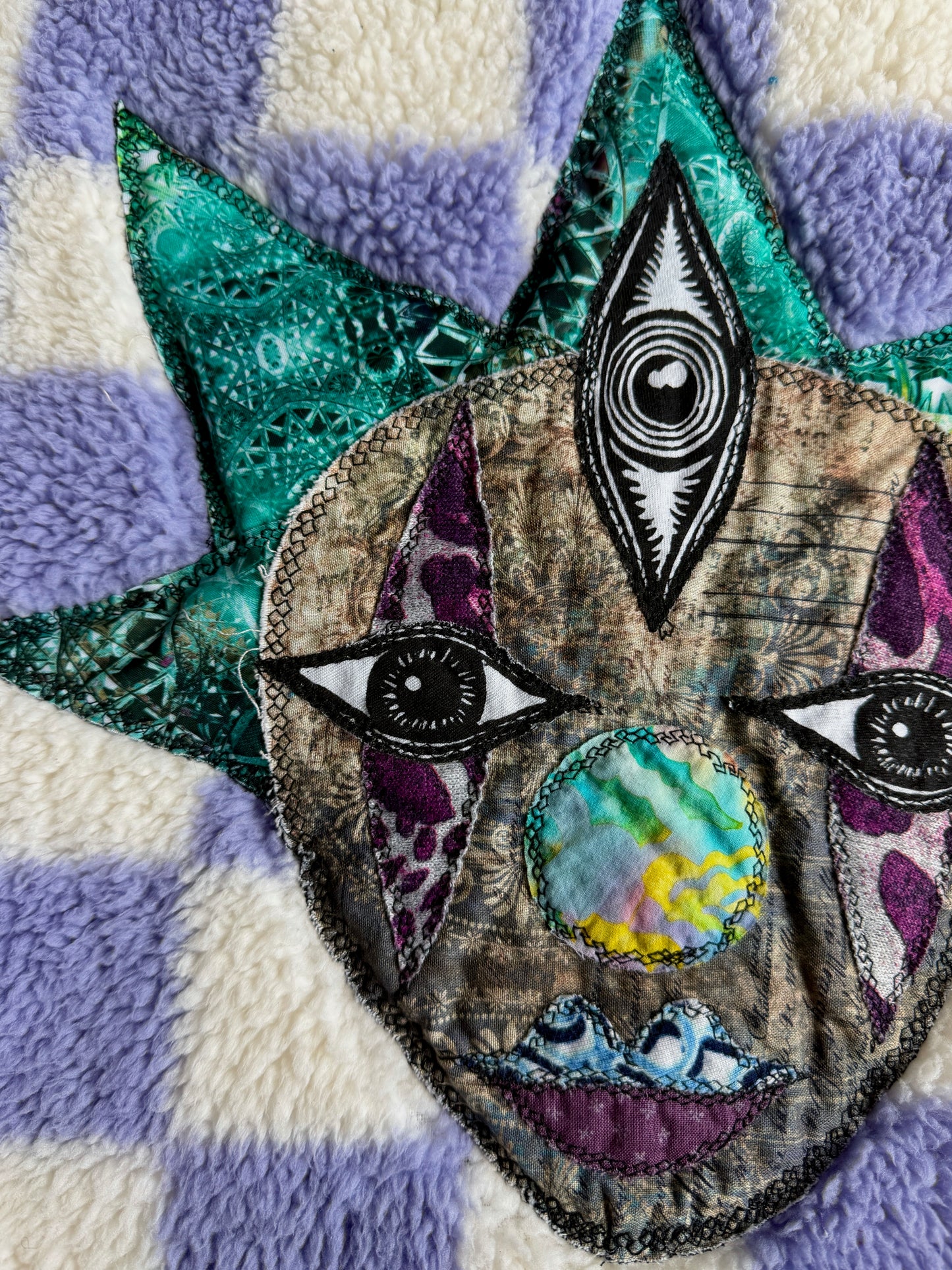 Checkered clown & mushroom fuzzy quarter zip jacket