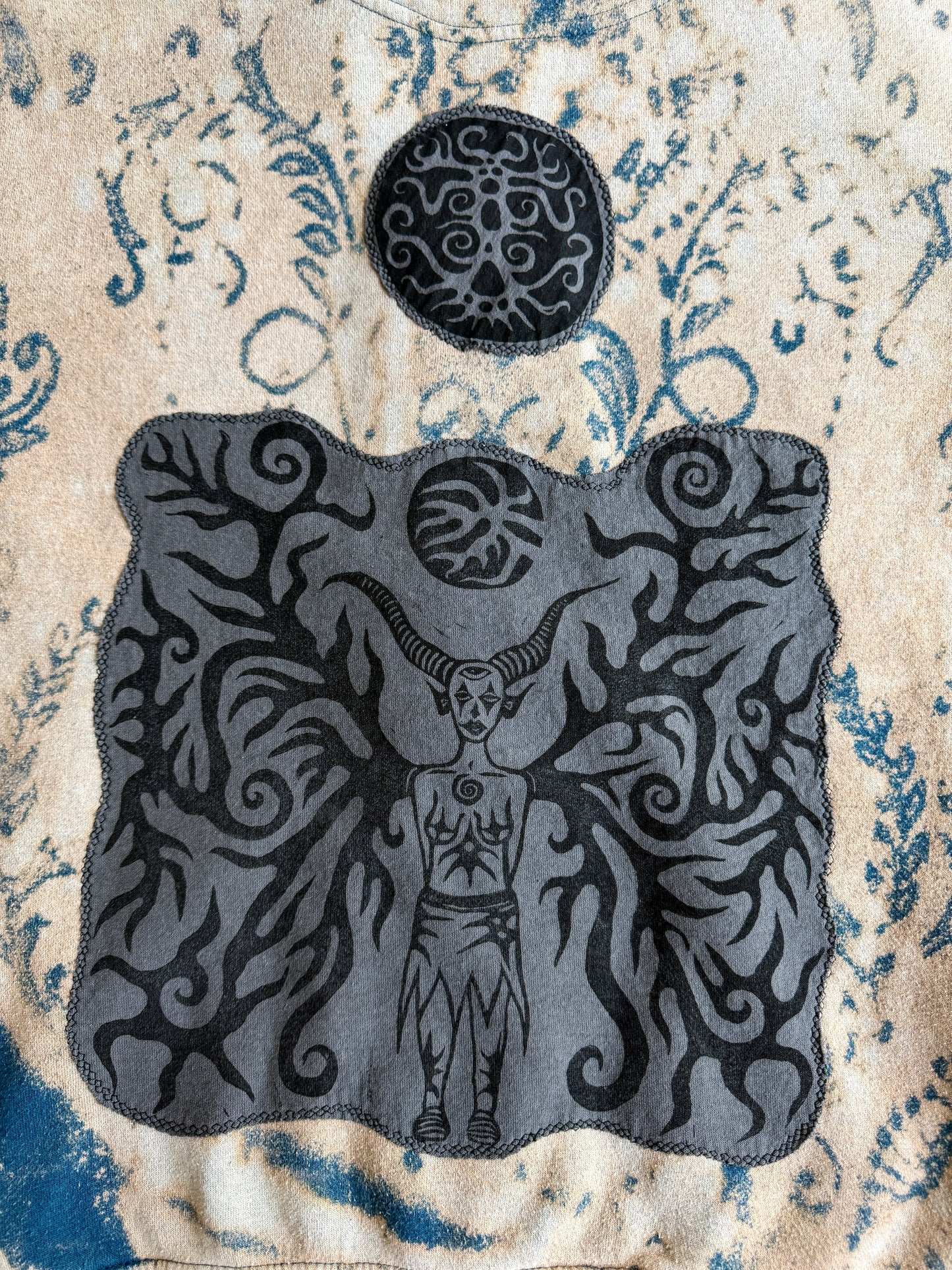 Moon goddess patch bleach dyed zip up hoodie