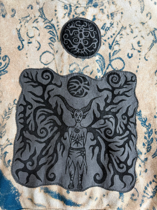Moon goddess patch bleach dyed zip up hoodie