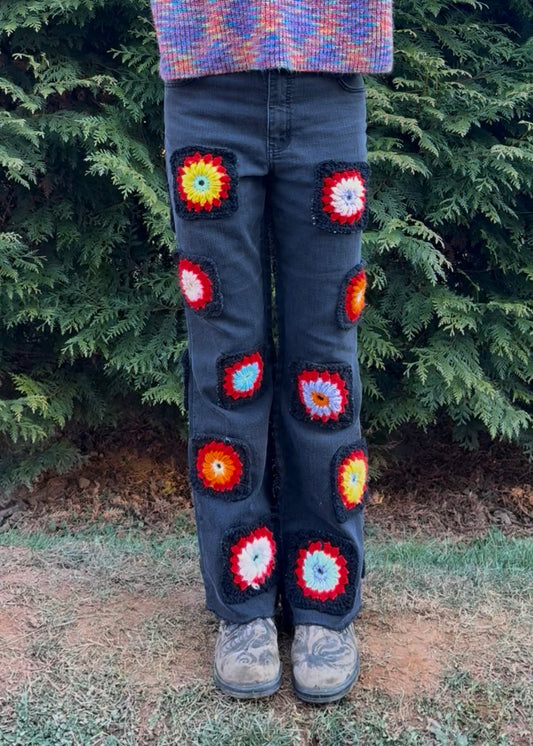 Black flower granny square pants