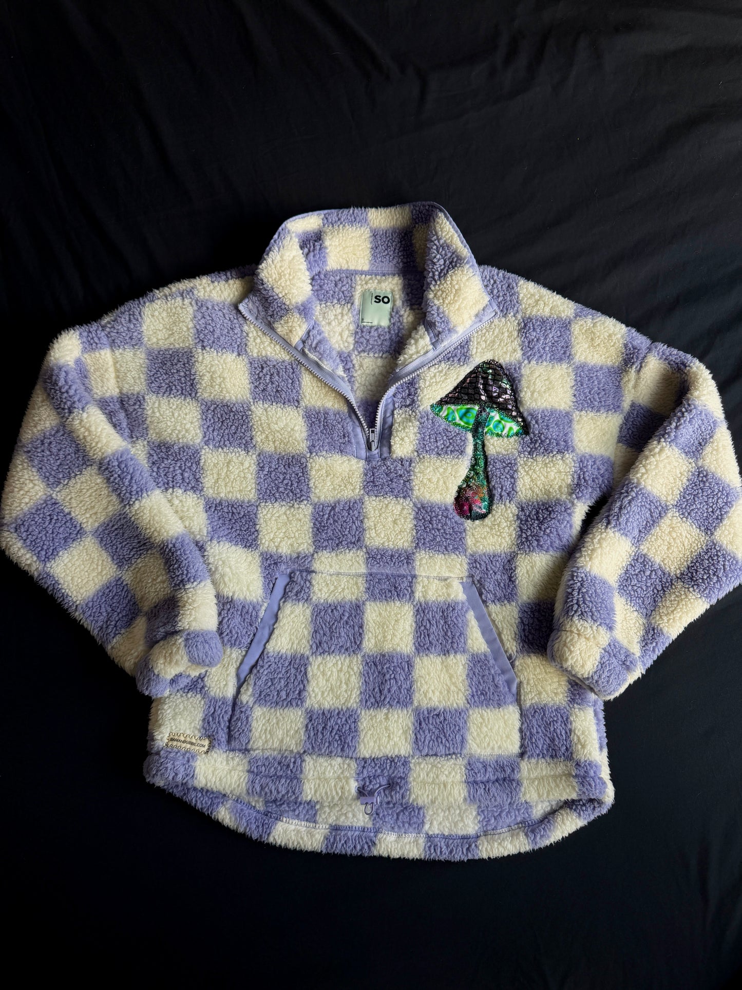 Checkered clown & mushroom fuzzy quarter zip jacket