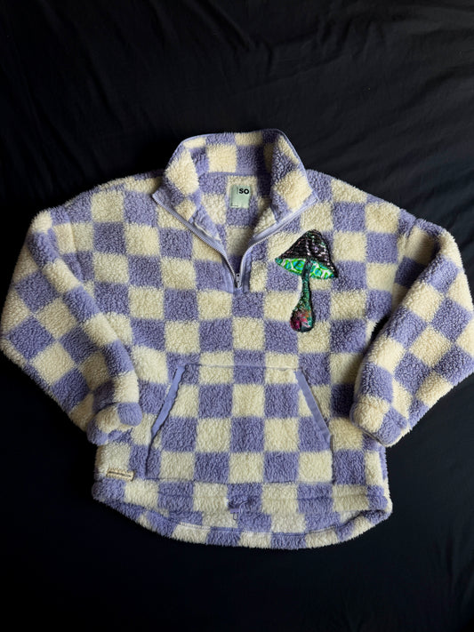 Checkered clown & mushroom fuzzy quarter zip jacket