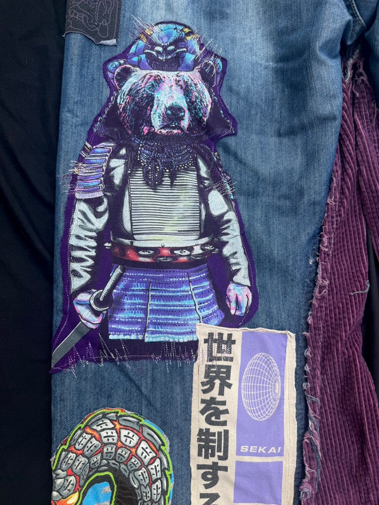 Purple collaged denim with added corduroy flair