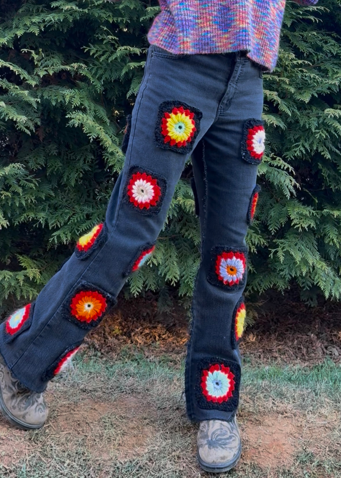 Black flower granny square pants