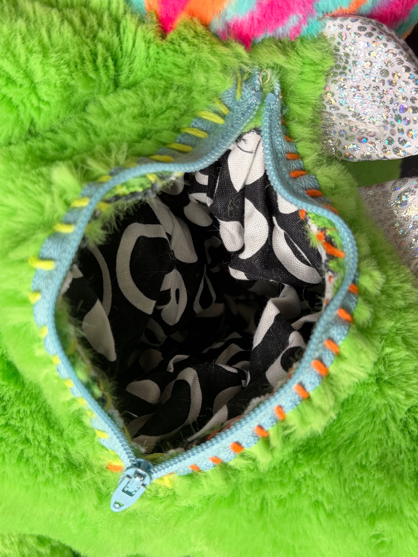Colorful cat + dino hybrid side bag